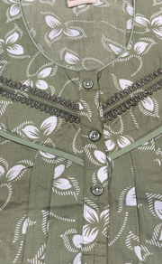 Pista Green Leafy Soft Cotton Nighty. Soft Breathable Fabric | Laces and Frills - Laces and Frills