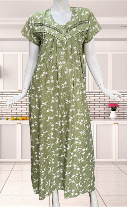 Pista Green Leafy Soft Cotton Nighty. Soft Breathable Fabric | Laces and Frills - Laces and Frills