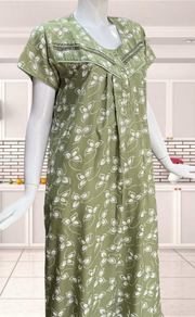 Pista Green Leafy Soft Cotton Nighty. Soft Breathable Fabric | Laces and Frills - Laces and Frills