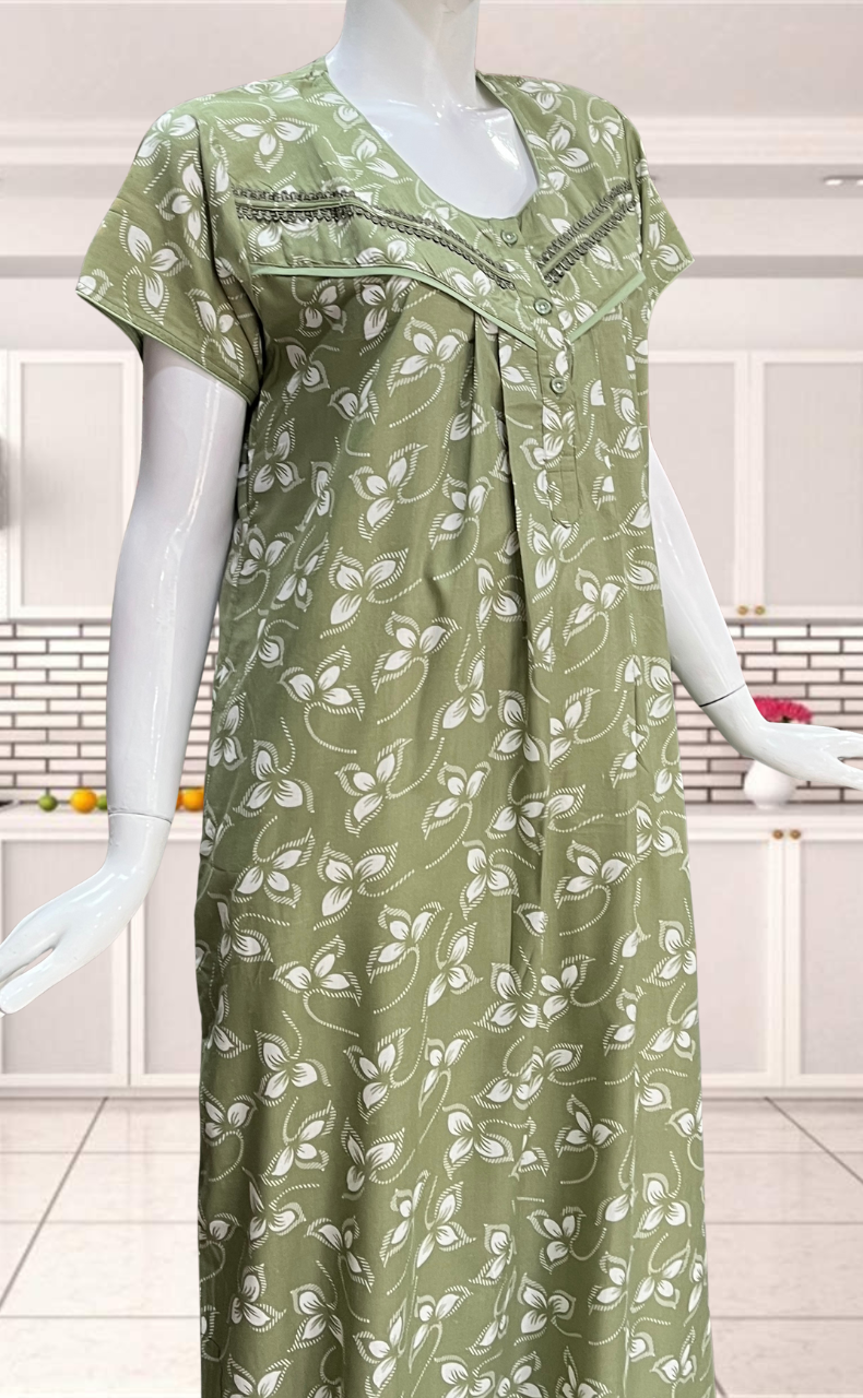 Pista Green Leafy Soft Cotton Nighty. Soft Breathable Fabric | Laces and Frills - Laces and Frills