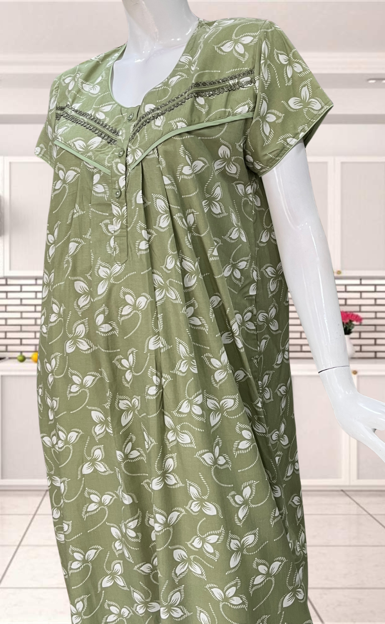Pista Green Leafy Soft Cotton Nighty. Soft Breathable Fabric | Laces and Frills - Laces and Frills