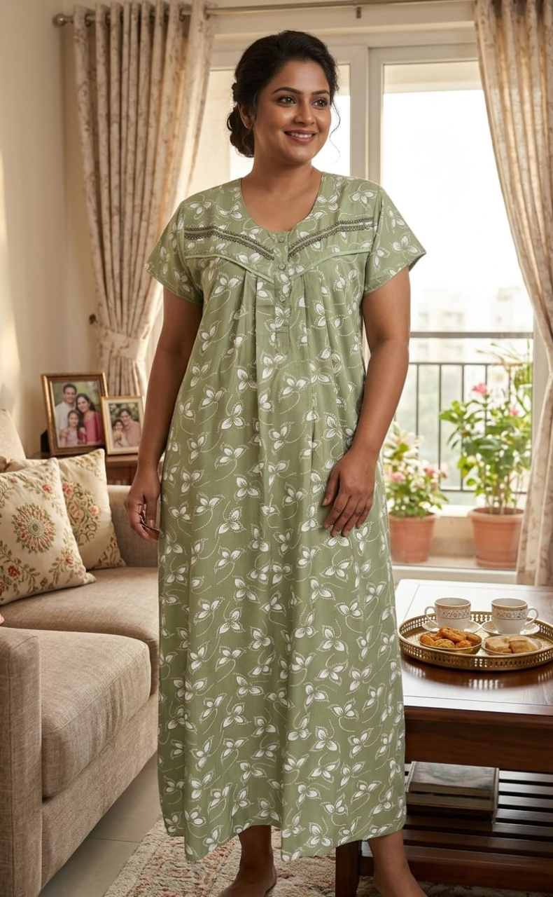 Pista Green Leafy Soft Cotton Nighty. Soft Breathable Fabric | Laces and Frills