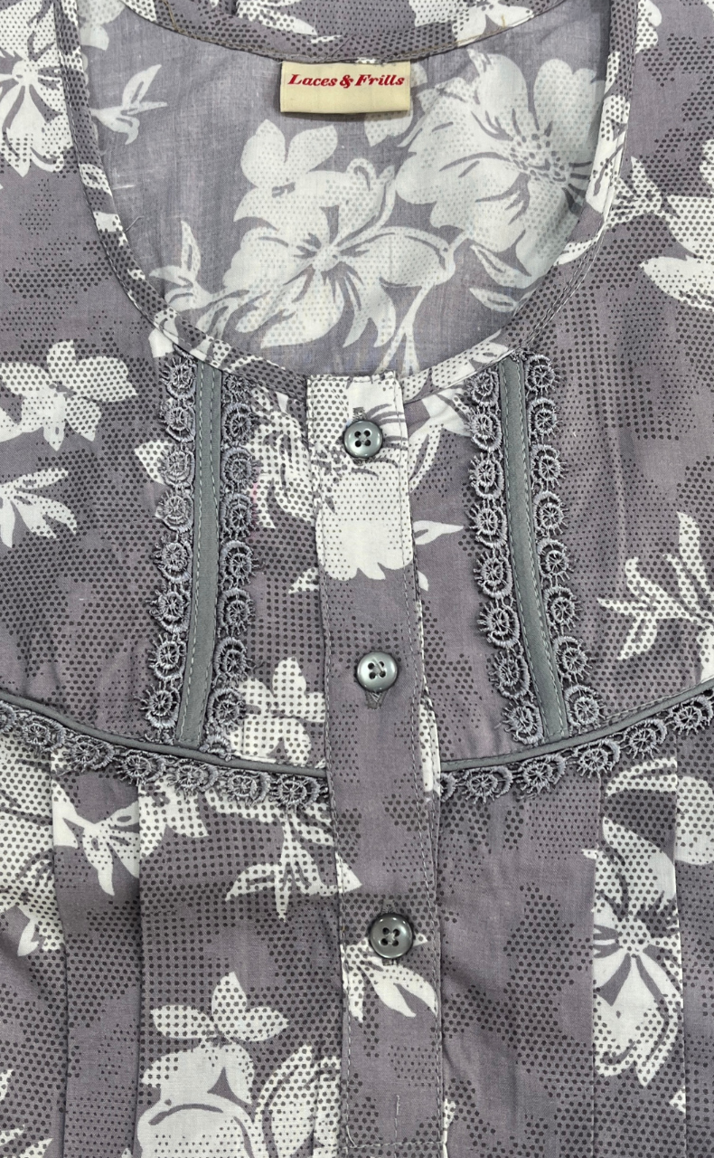 Grey Floral Soft Cotton Nighty. Soft Breathable Fabric | Laces and Frills - Laces and Frills