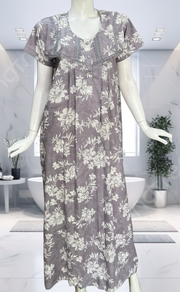 Grey Floral Soft Cotton Nighty. Soft Breathable Fabric | Laces and Frills - Laces and Frills