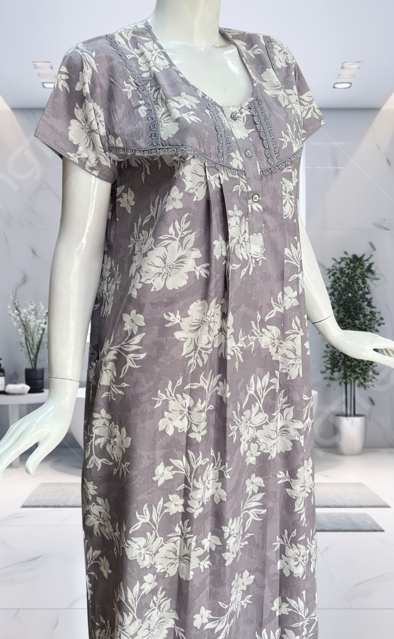 Grey Floral Soft Cotton Nighty. Soft Breathable Fabric | Laces and Frills - Laces and Frills