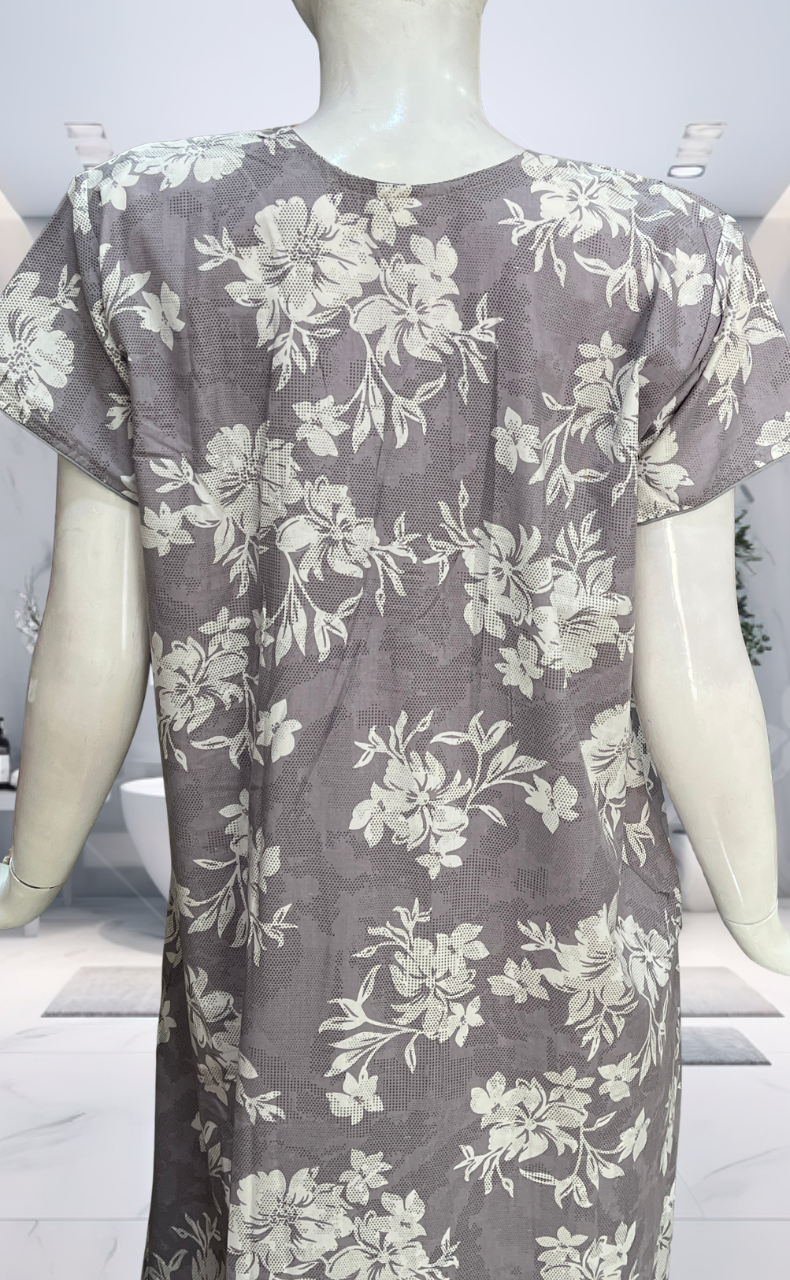 Grey Floral Soft Cotton Nighty. Soft Breathable Fabric | Laces and Frills - Laces and Frills