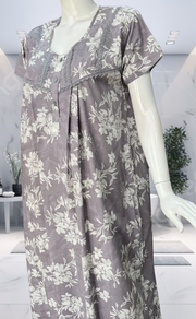 Grey Floral Soft Cotton Nighty. Soft Breathable Fabric | Laces and Frills - Laces and Frills