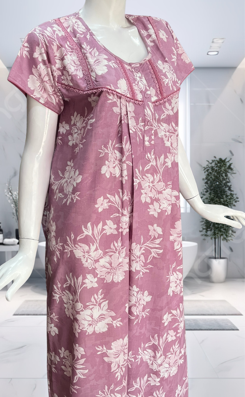 English Pink Floral Soft Cotton Nighty. Soft Breathable Fabric | Laces and Frills - Laces and Frills