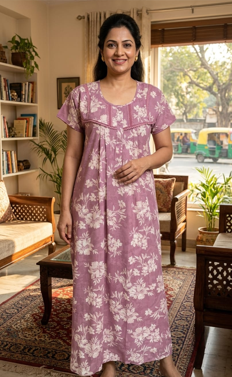 English Pink Floral Soft Cotton Nighty. Soft Breathable Fabric | Laces and Frills