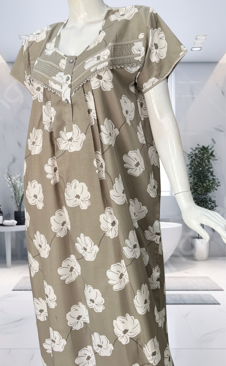 Beige Floral Soft Cotton Nighty. Soft Breathable Fabric | Laces and Frills - Laces and Frills