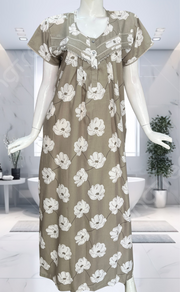Beige Floral Soft Cotton Nighty. Soft Breathable Fabric | Laces and Frills - Laces and Frills