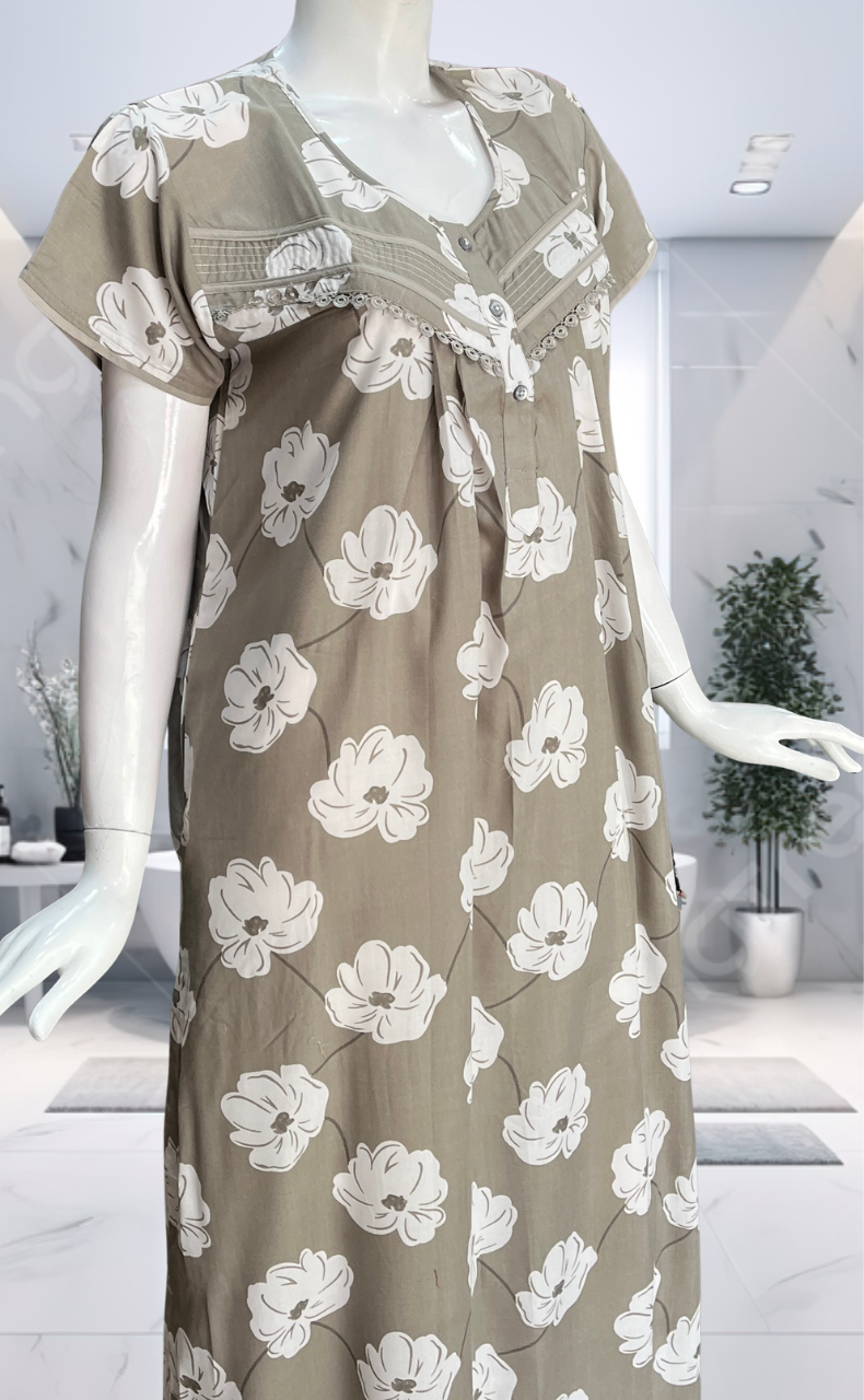 Beige Floral Soft Cotton Nighty. Soft Breathable Fabric | Laces and Frills - Laces and Frills