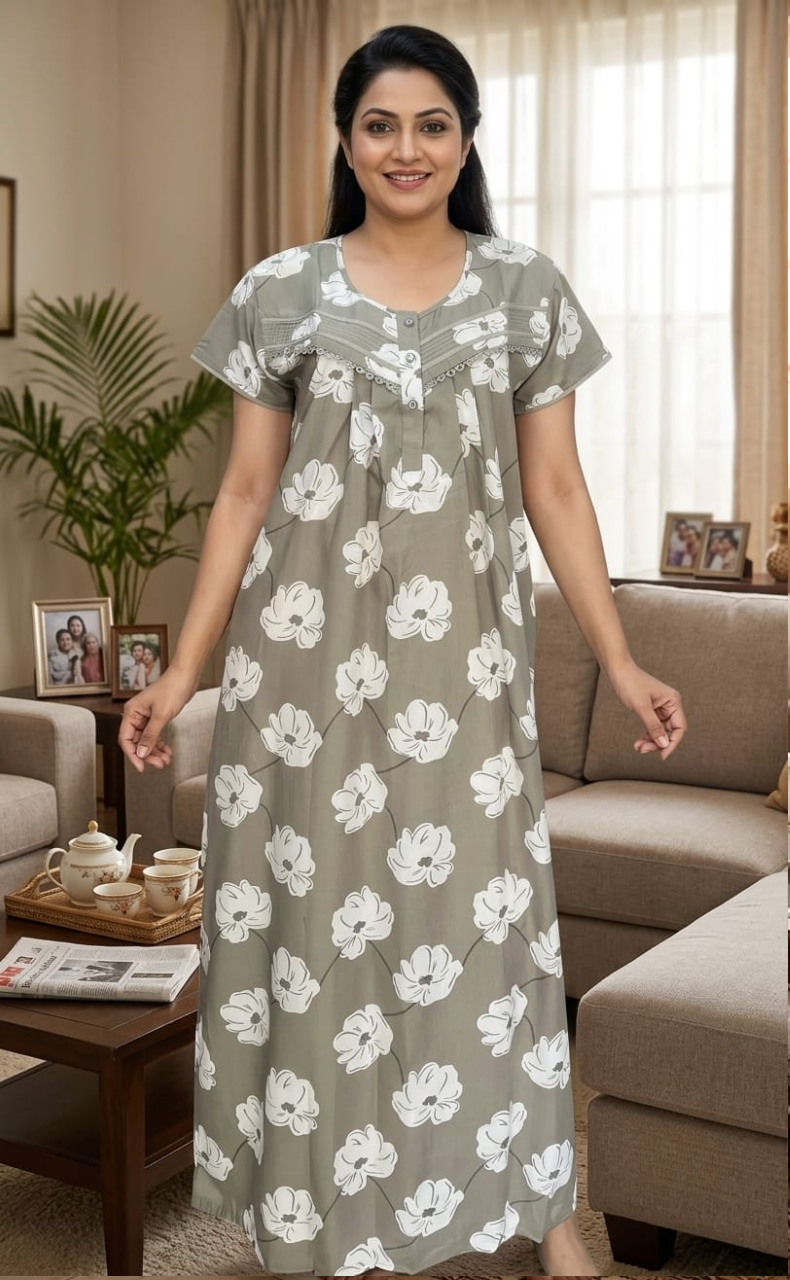 Beige Floral Soft Cotton Nighty. Soft Breathable Fabric | Laces and Frills