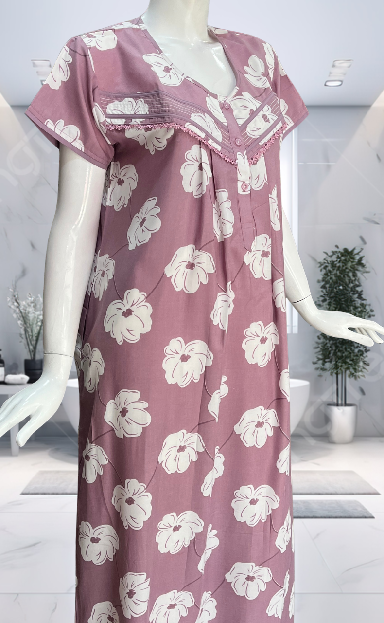 English Pink Floral Soft Cotton Nighty. Soft Breathable Fabric | Laces and Frills - Laces and Frills