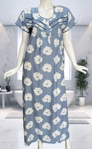 Light Blue Floral Soft Cotton Nighty. Soft Breathable Fabric | Laces and Frills - Laces and Frills