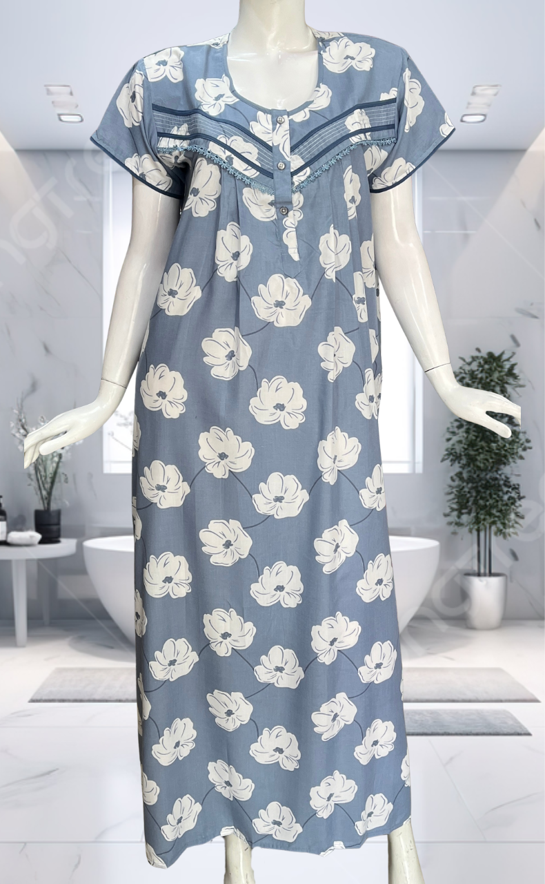 Light Blue Floral Soft Cotton Nighty. Soft Breathable Fabric | Laces and Frills - Laces and Frills