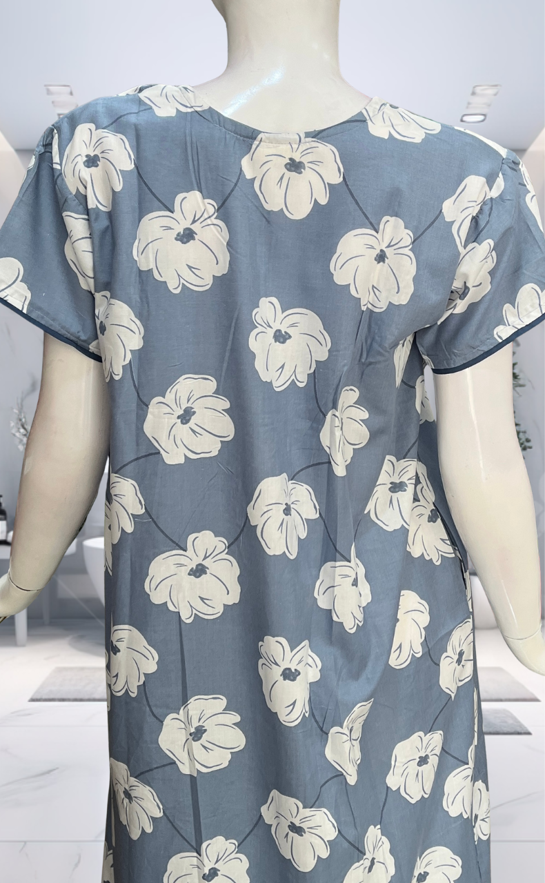 Light Blue Floral Soft Cotton Nighty. Soft Breathable Fabric | Laces and Frills - Laces and Frills