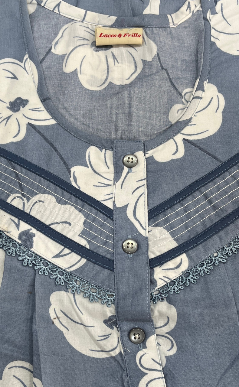 Light Blue Floral Soft Cotton Nighty. Soft Breathable Fabric | Laces and Frills - Laces and Frills