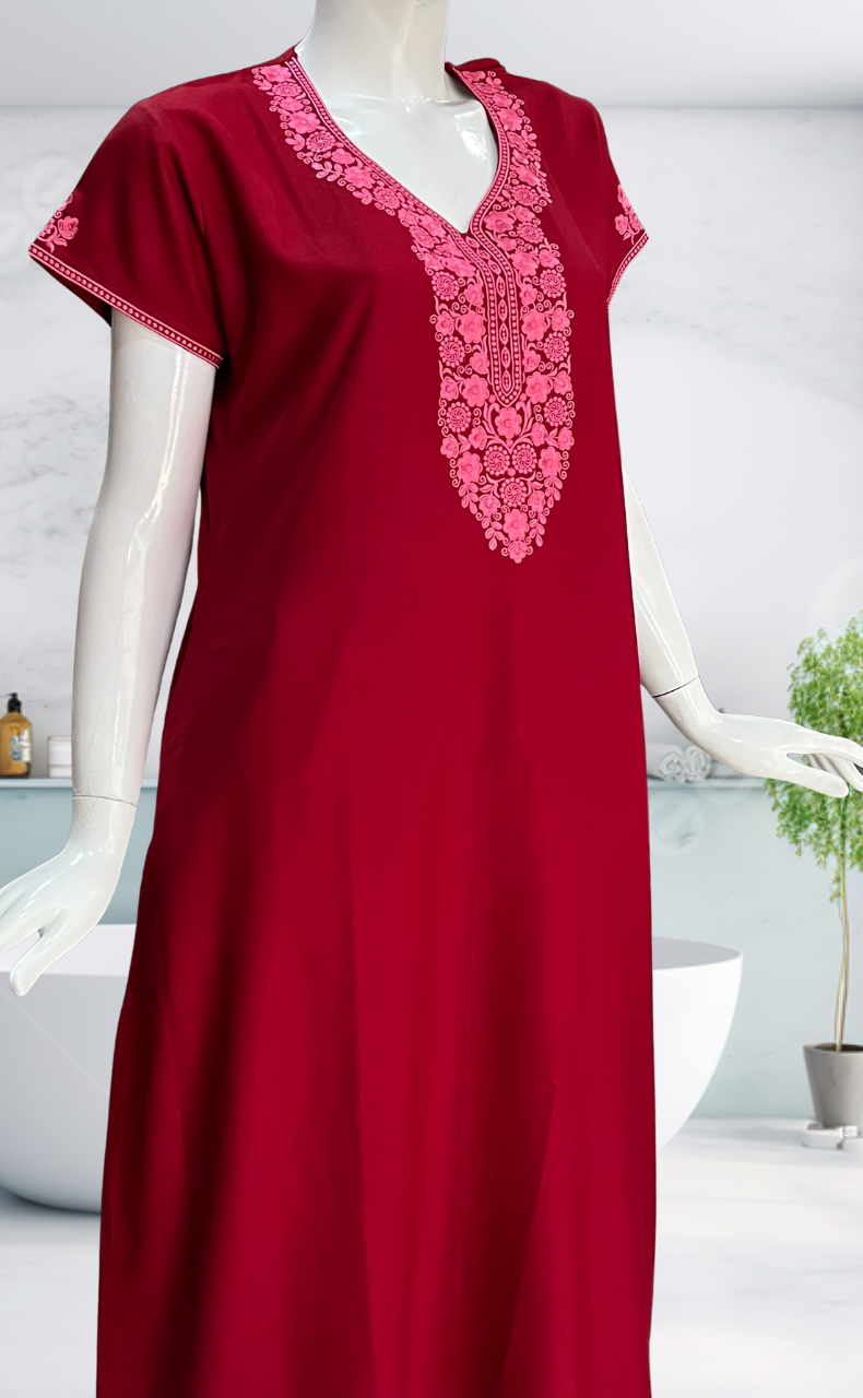 Maroon Embroidery Spun Nighty. Flowy Spun Fabric | Laces and Frills - Laces and Frills