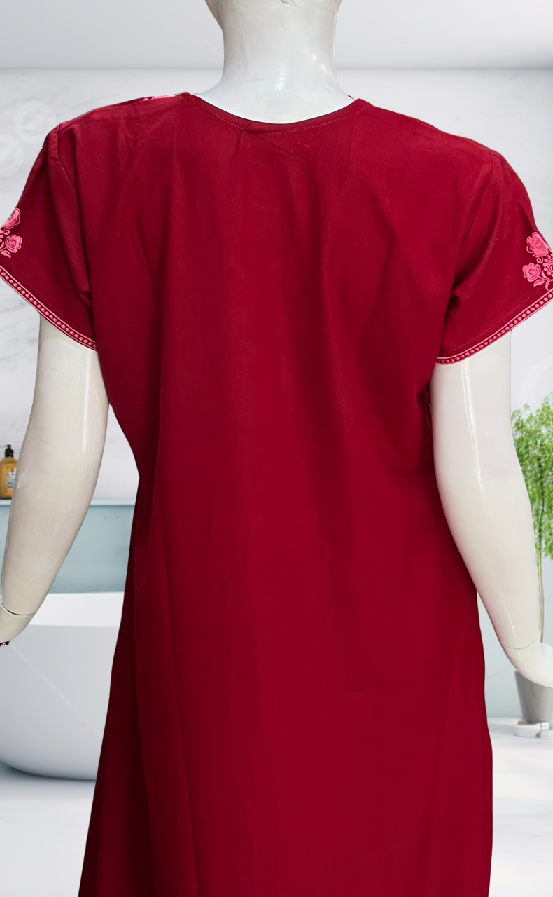 Maroon Embroidery Spun Nighty. Flowy Spun Fabric | Laces and Frills - Laces and Frills
