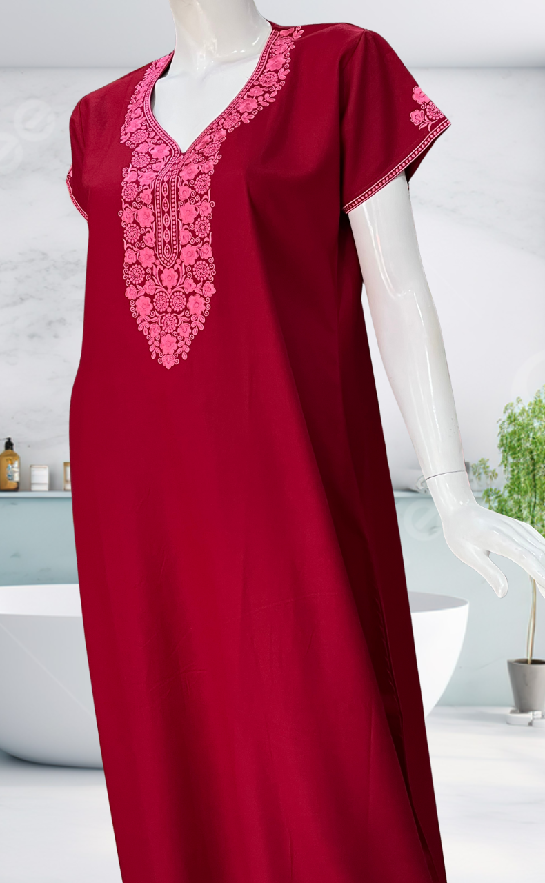 Maroon Embroidery Spun Nighty. Flowy Spun Fabric | Laces and Frills - Laces and Frills