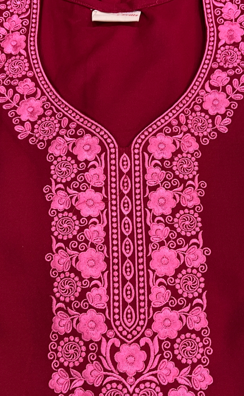 Maroon Embroidery Spun Nighty. Flowy Spun Fabric | Laces and Frills - Laces and Frills