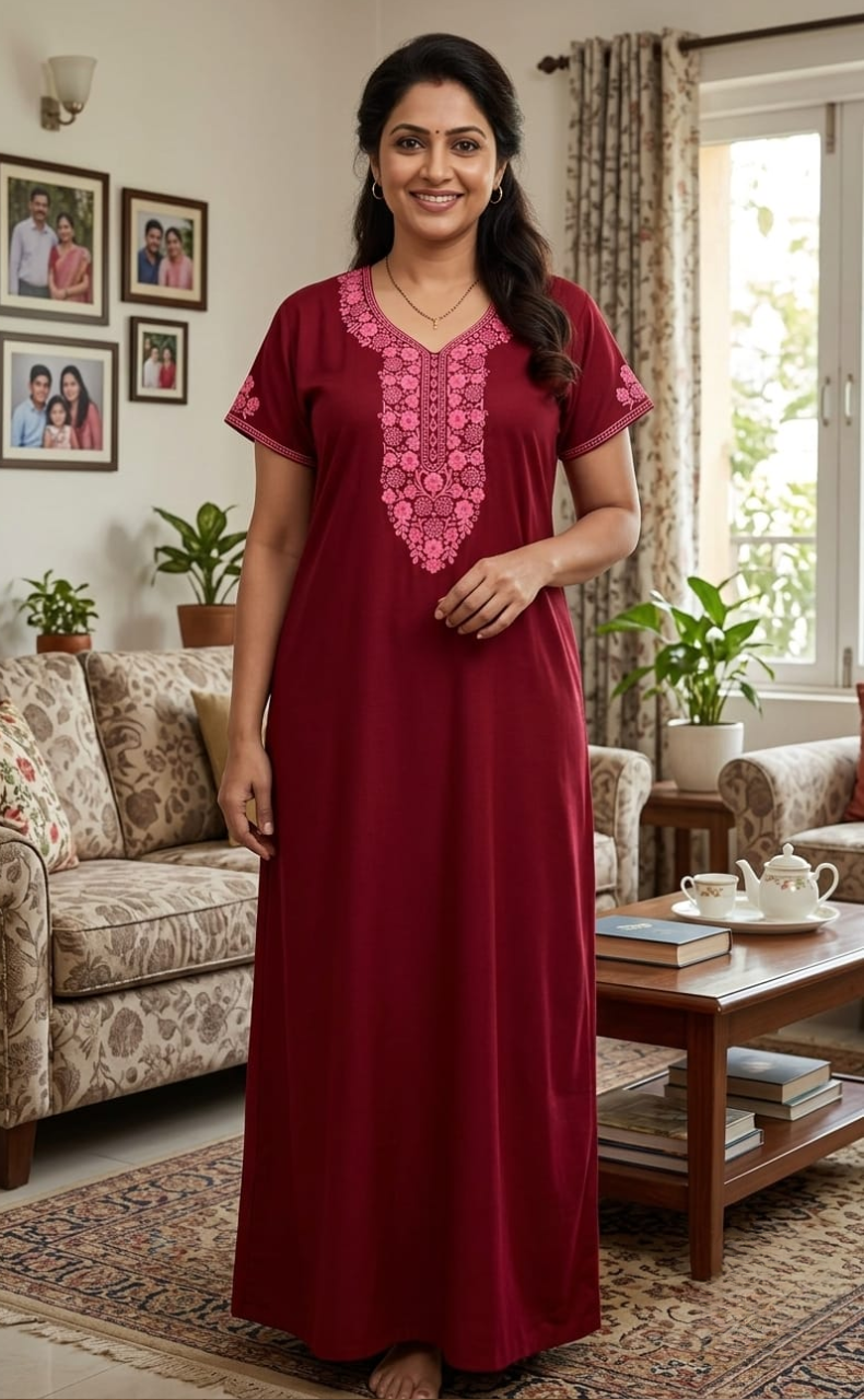 Maroon Embroidery Spun Nighty. Flowy Spun Fabric | Laces and Frills
