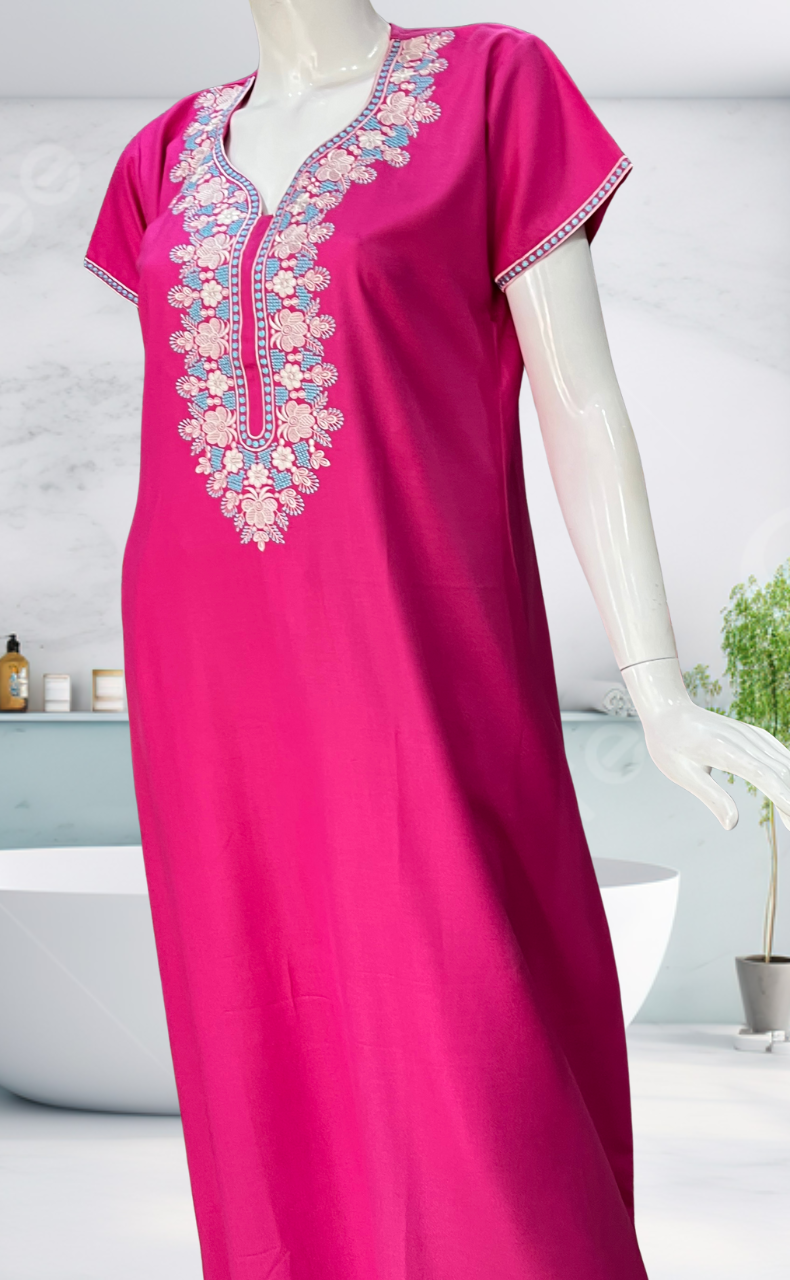Hot Pink Embroidery Spun Nighty. Flowy Spun Fabric | Laces and Frills - Laces and Frills
