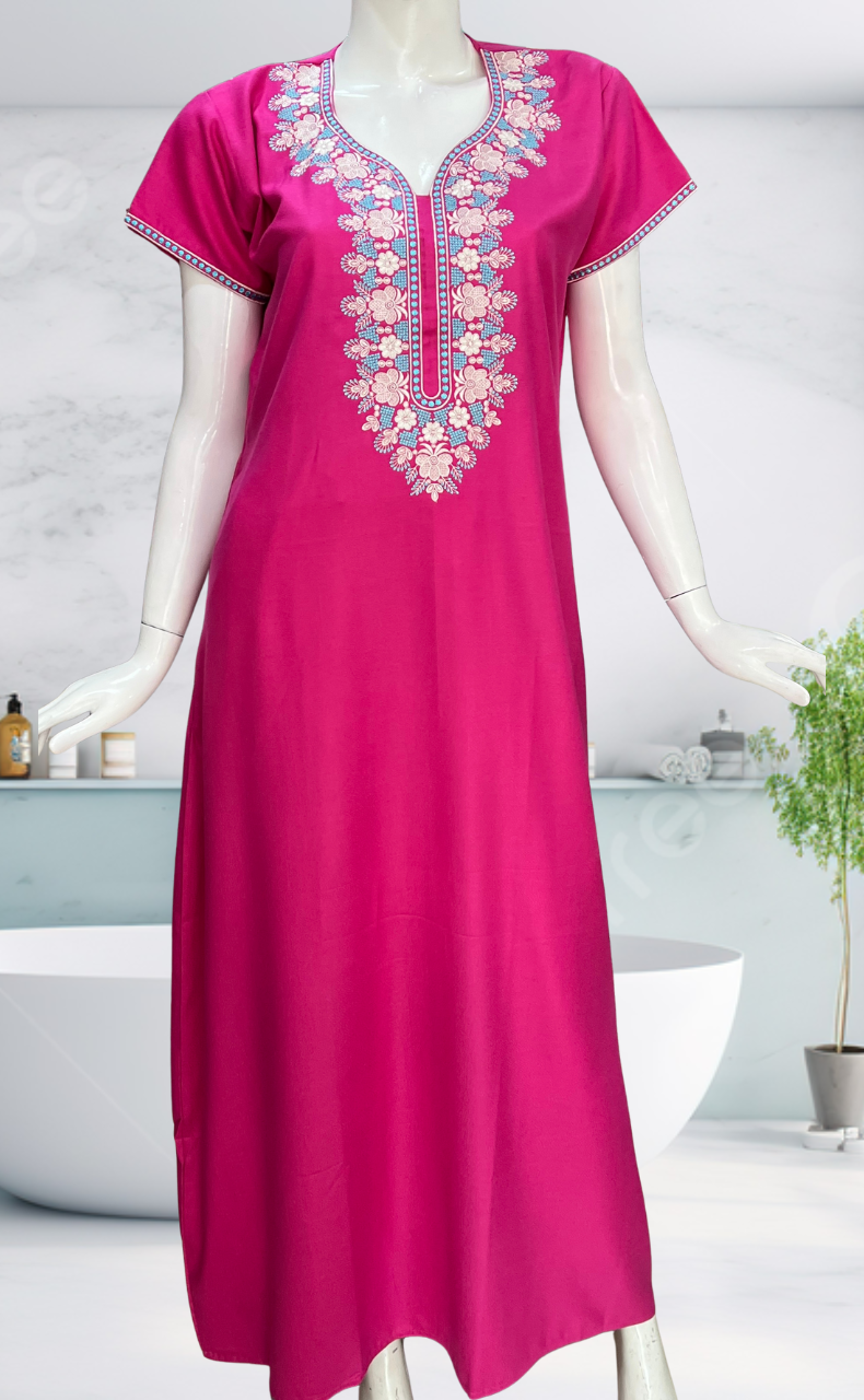 Hot Pink Embroidery Spun Nighty. Flowy Spun Fabric | Laces and Frills - Laces and Frills