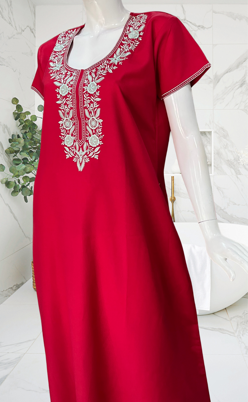 Red Embroidery Spun Nighty. Flowy Spun Fabric | Laces and Frills - Laces and Frills