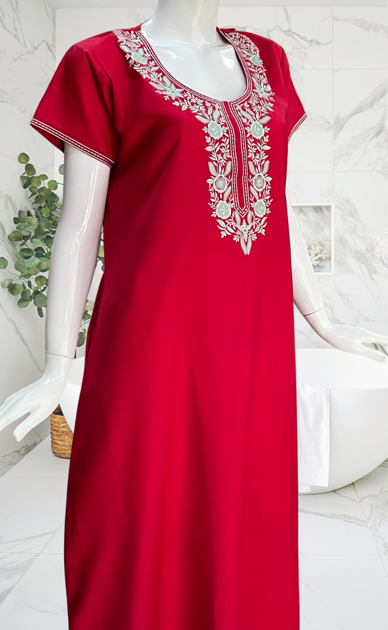 Red Embroidery Spun Nighty. Flowy Spun Fabric | Laces and Frills - Laces and Frills