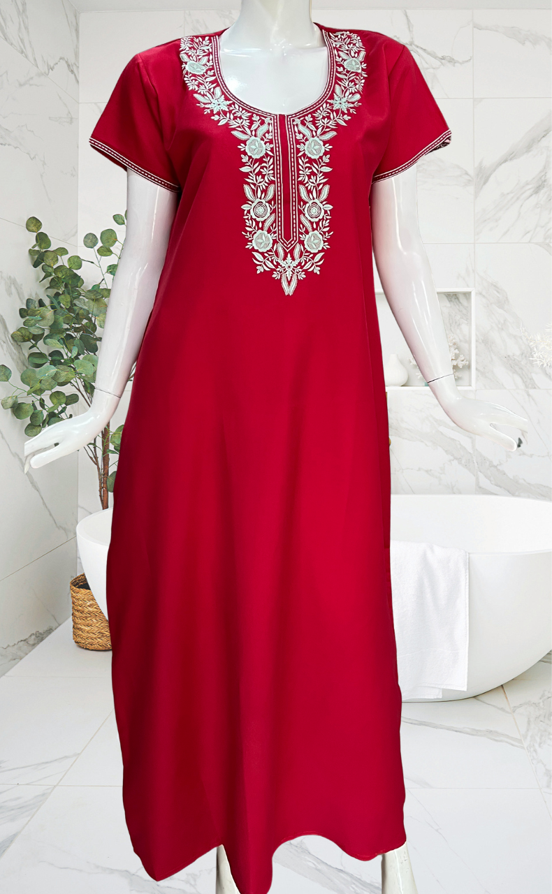 Red Embroidery Spun Nighty. Flowy Spun Fabric | Laces and Frills - Laces and Frills