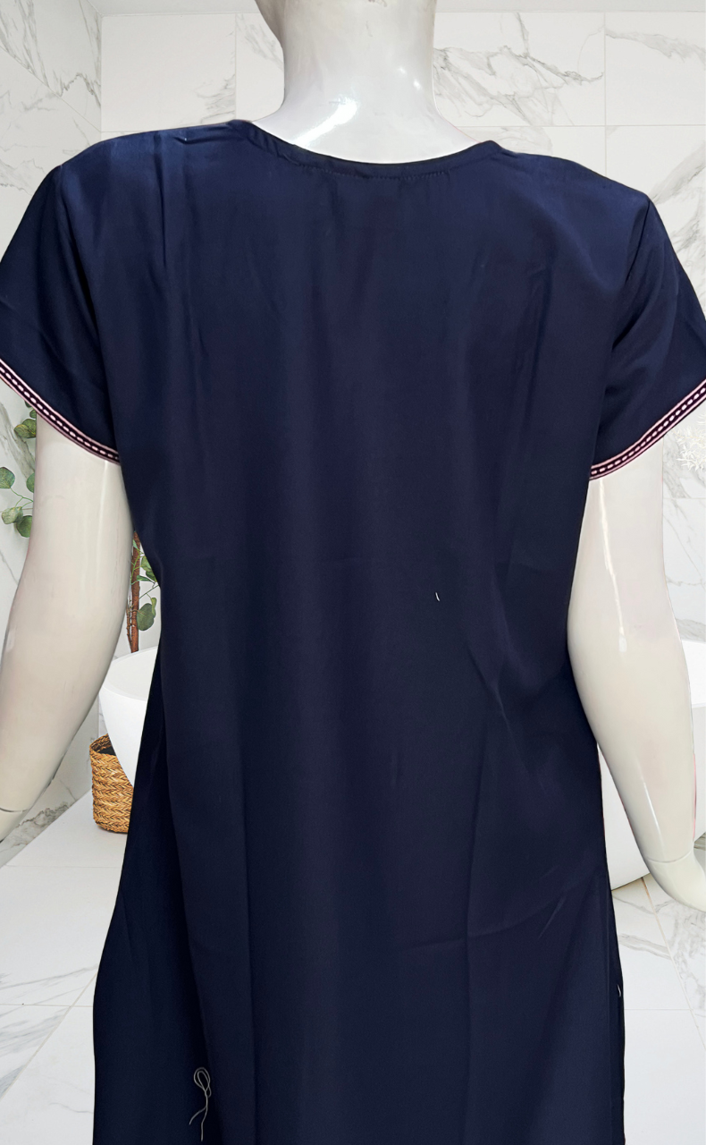 Navy Blue Embroidery Spun Nighty. Flowy Spun Fabric | Laces and Frills - Laces and Frills