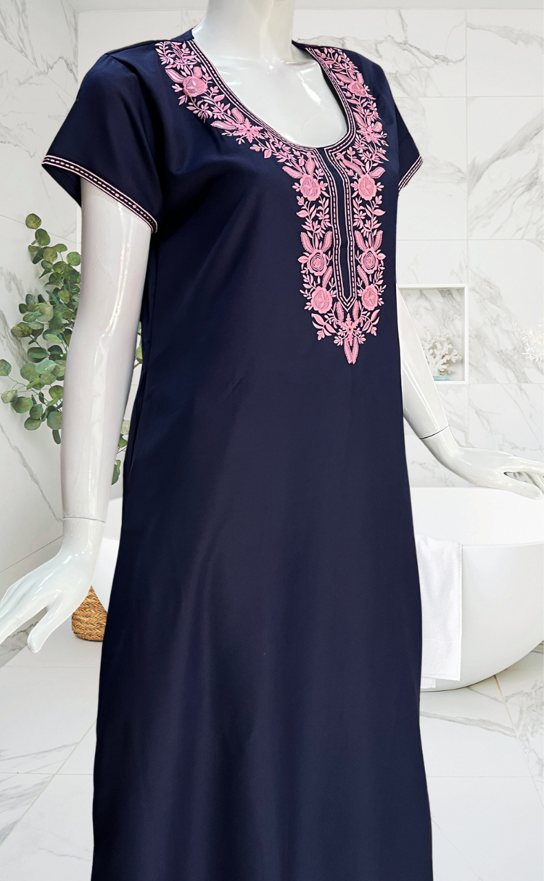 Navy Blue Embroidery Spun Nighty. Flowy Spun Fabric | Laces and Frills - Laces and Frills
