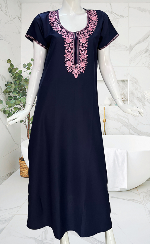 Navy Blue Embroidery Spun Nighty. Flowy Spun Fabric | Laces and Frills - Laces and Frills