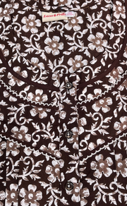 Dark Brown Floral Pure Cotton Long Sleeves Nighty. Soft Breathable Fabric | Laces and Frills