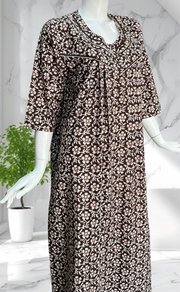 Dark Brown Floral Pure Cotton Long Sleeves Nighty. Soft Breathable Fabric | Laces and Frills