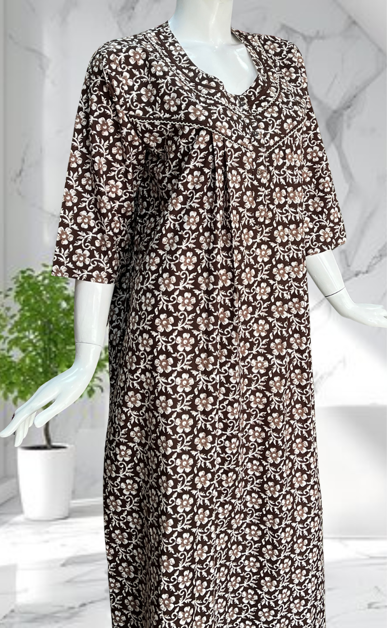 Dark Brown Floral Pure Cotton Long Sleeves Nighty. Soft Breathable Fabric | Laces and Frills