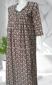 Dark Brown Floral Pure Cotton Long Sleeves Nighty. Soft Breathable Fabric | Laces and Frills