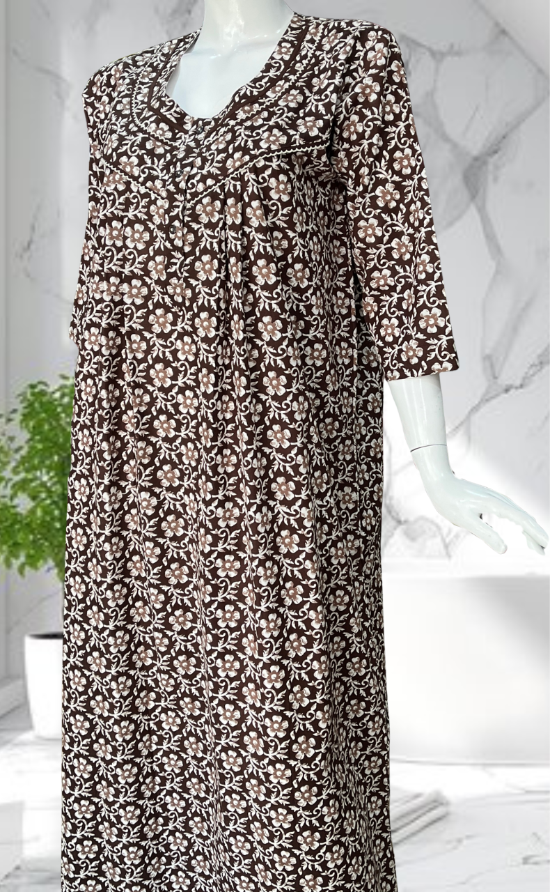 Dark Brown Floral Pure Cotton Long Sleeves Nighty. Soft Breathable Fabric | Laces and Frills