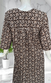 Dark Brown Floral Pure Cotton Long Sleeves Nighty. Soft Breathable Fabric | Laces and Frills