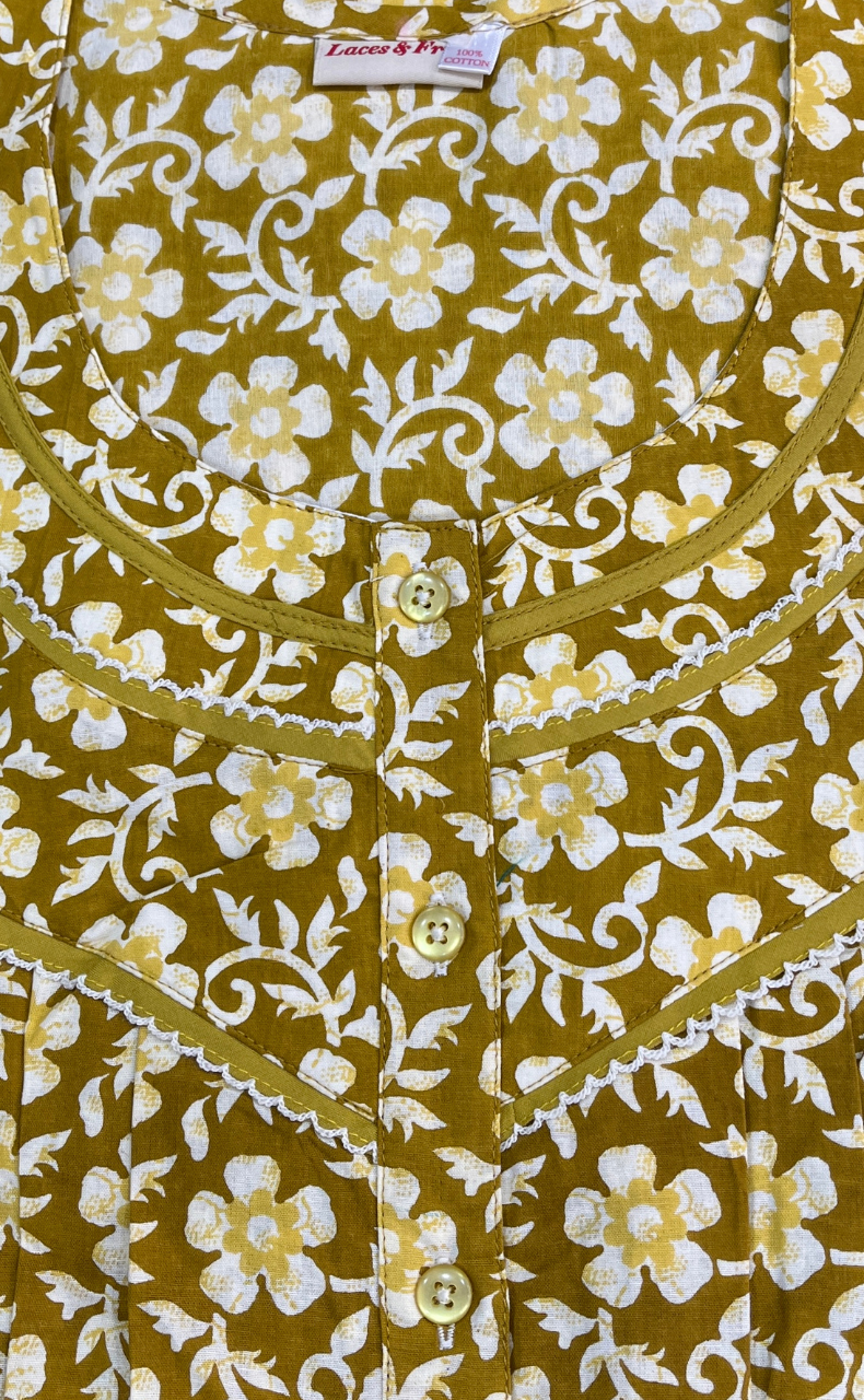 British Yellow Floral Pure Cotton Long Sleeves Nighty. Soft Breathable Fabric | Laces and Frills