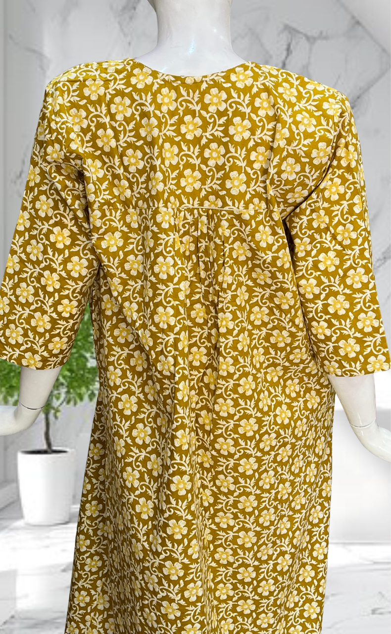 British Yellow Floral Pure Cotton Long Sleeves Nighty. Soft Breathable Fabric | Laces and Frills