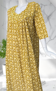 British Yellow Floral Pure Cotton Long Sleeves Nighty. Soft Breathable Fabric | Laces and Frills