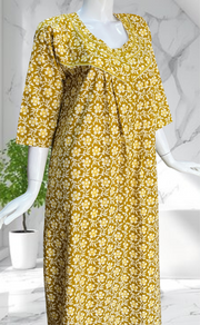 British Yellow Floral Pure Cotton Long Sleeves Nighty. Soft Breathable Fabric | Laces and Frills