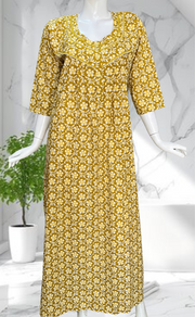 British Yellow Floral Pure Cotton Long Sleeves Nighty. Soft Breathable Fabric | Laces and Frills