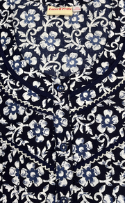 Navy Blue Floral Pure Cotton Long Sleeves Nighty. Soft Breathable Fabric | Laces and Frills