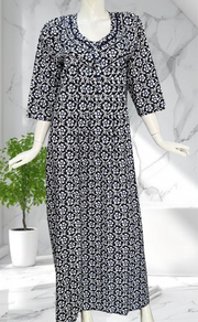 Navy Blue Floral Pure Cotton Long Sleeves Nighty. Soft Breathable Fabric | Laces and Frills