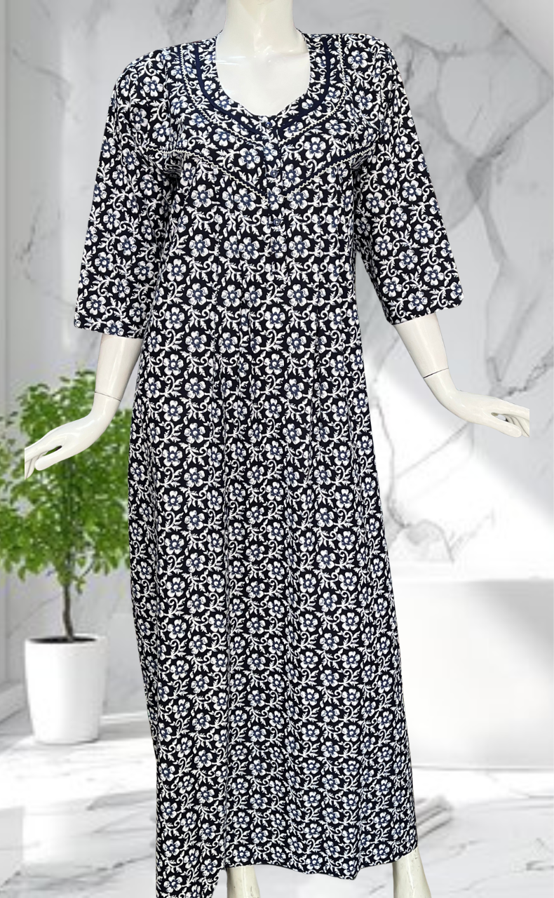 Navy Blue Floral Pure Cotton Long Sleeves Nighty. Soft Breathable Fabric | Laces and Frills