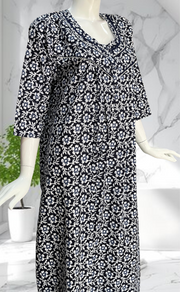 Navy Blue Floral Pure Cotton Long Sleeves Nighty. Soft Breathable Fabric | Laces and Frills